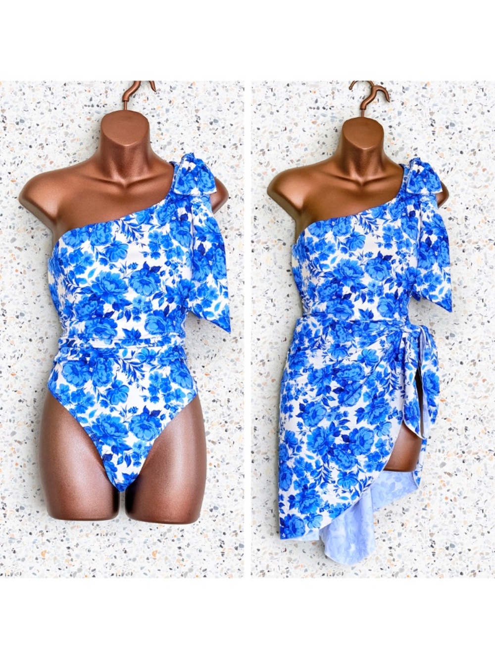 Alex Marie Signature Sculpt Romantic Rose Bow One-Shoulder Swimsuit & Sarong Set